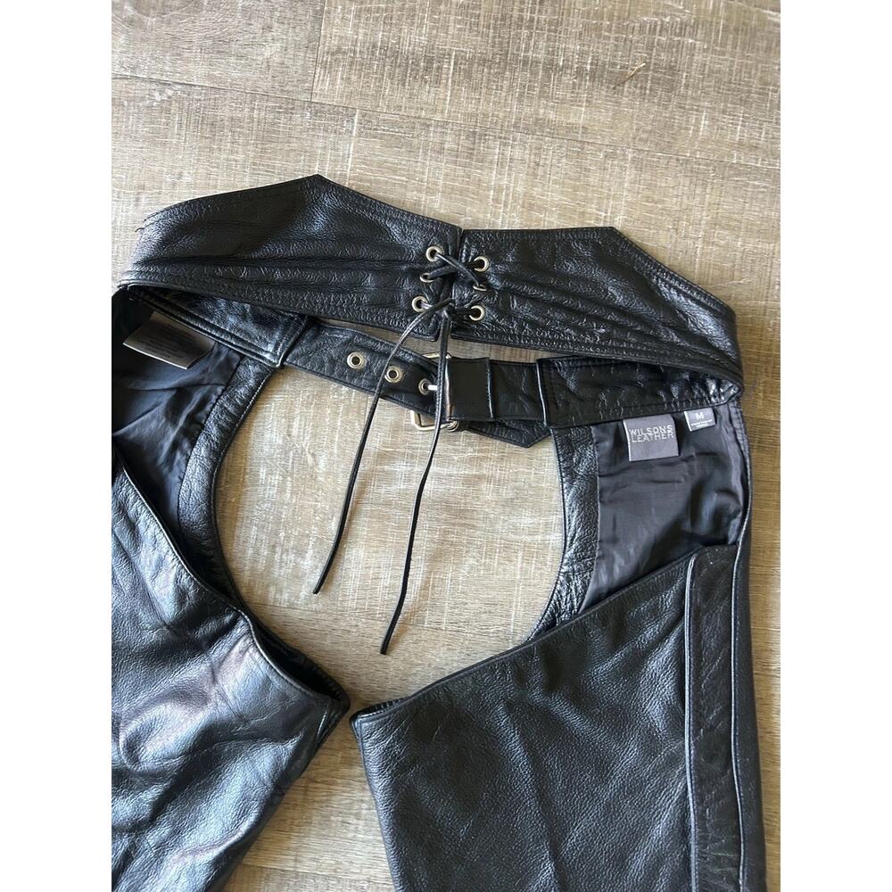 Wilsons Leather Black Motorcycle Chaps Womens M Rear Lace Waist Snap Zip - Picture 15 of 16